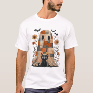 Patchwork Halloween Ghost and Cat , Retro Spooky F T-Shirt