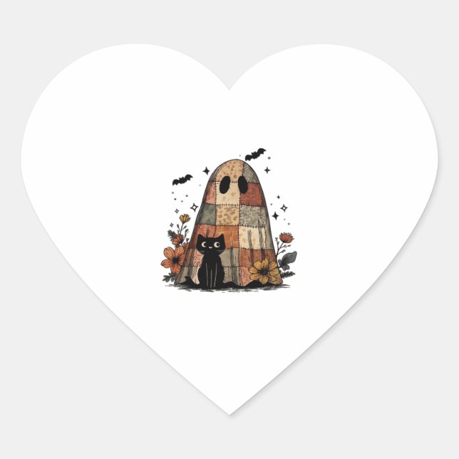 Patchwork Halloween Ghost black cat Essential T-Sh Heart Sticker (Front)