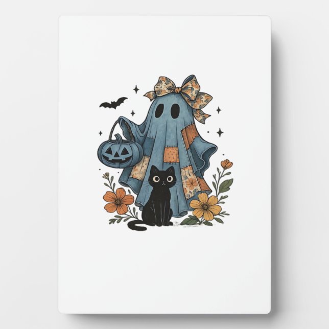Patchwork Halloween Ghost black Cat Essential T-Sh Plaque (Front)
