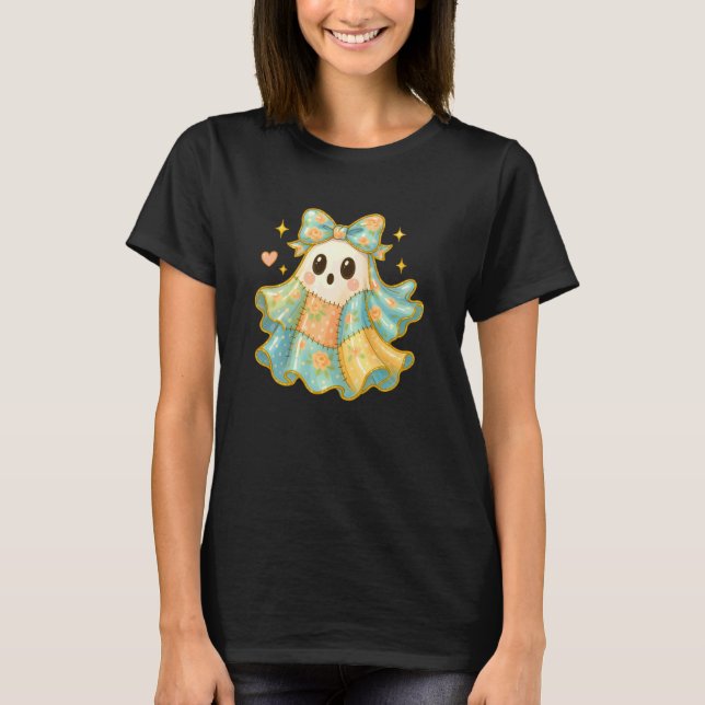 Patchwork Halloween Ghost, Retro Denim Spooky Ghos T-Shirt (Front)