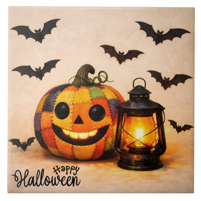 Patchwork Halloween Pumpkin with Lantern  Tile (Front)
