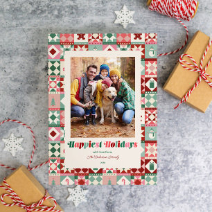 Patchwork Happiest Holidays Pink Red Green Photo Holiday Card