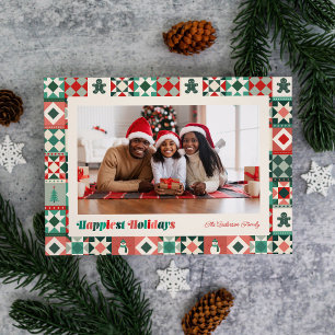Patchwork Happiest Holidays Red and Green Photo Holiday Card
