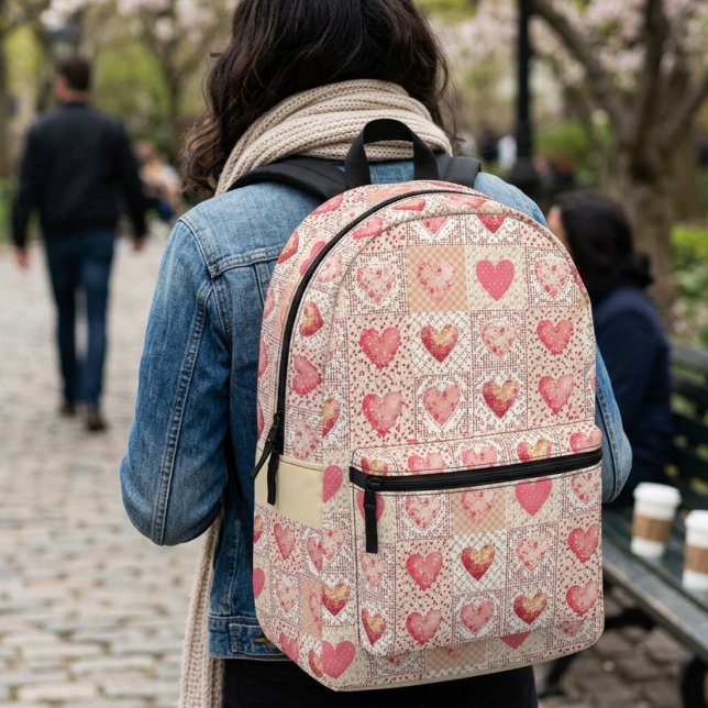 Patchwork Heart Pattern Printed Backpack (Creator Uploaded)