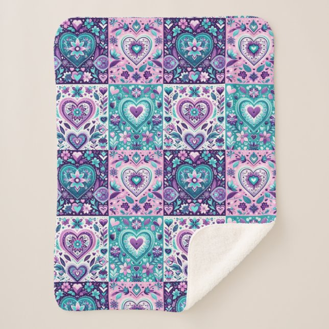 Patchwork Heart Quilt Sherpa Blanket (Front)
