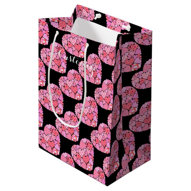 Patchwork Hearts Black Gift Bag (Front Angled)