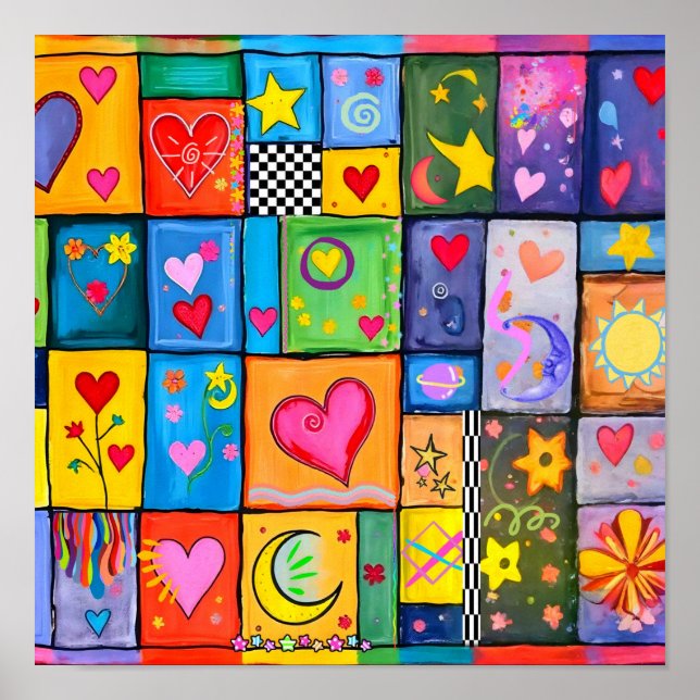Patchwork Hearts Quilt | Colourful Folk Art Print (Front)