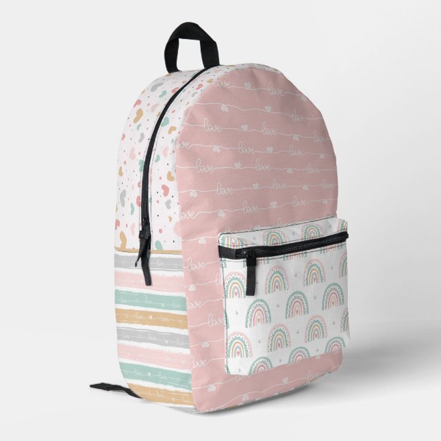 Patchwork Hearts Rainbow Kids Pinted Backpack      (Back Corner Left)