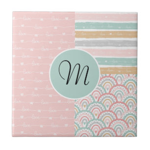 Patchwork Hearts Rainbow Monogram Ceramic Tile