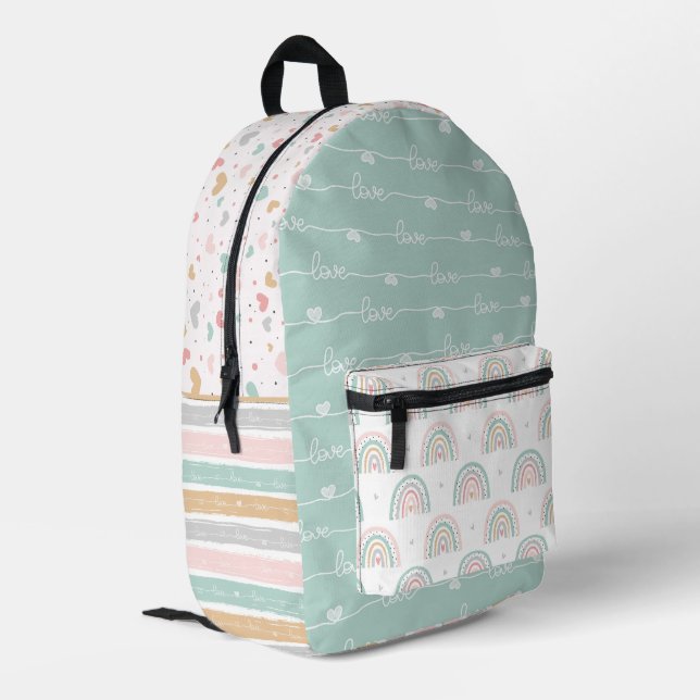 Patchwork Hearts Rainbow Pastel Kids Backpack      (Back Corner Left)