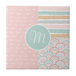 Patchwork Hearts Rainbows - Monogram Ceramic Tile