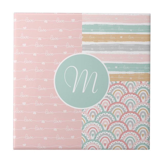 Patchwork Hearts Rainbows - Monogram Ceramic Tile (Front)