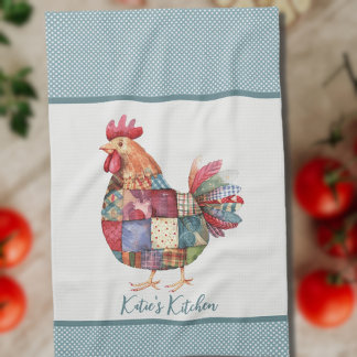 Patchwork Hen and Blue Polka Dots Tea Towel