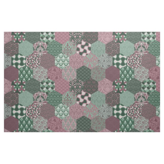 Patchwork Hexagons Raspberry and Pine Fabric (Fat Quarter)