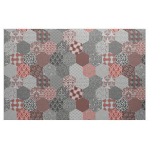 Patchwork Hexagons Red and Grey Fabric