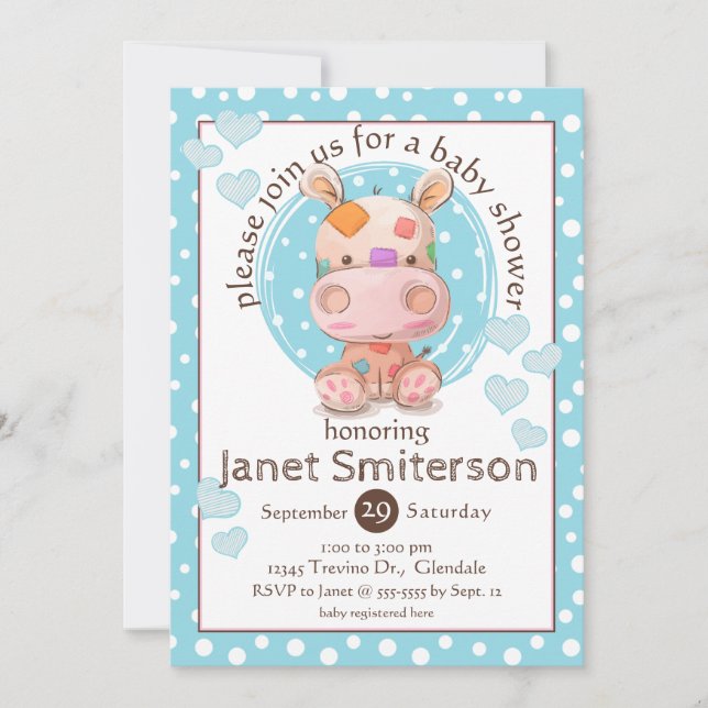 Patchwork Hippo Baby Shower, blue Invitation (Front)