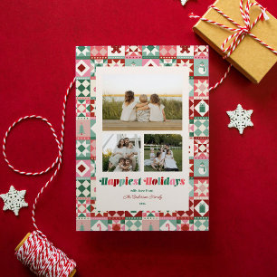 Patchwork Holidays Pink Red Green Three Photo Holiday Card