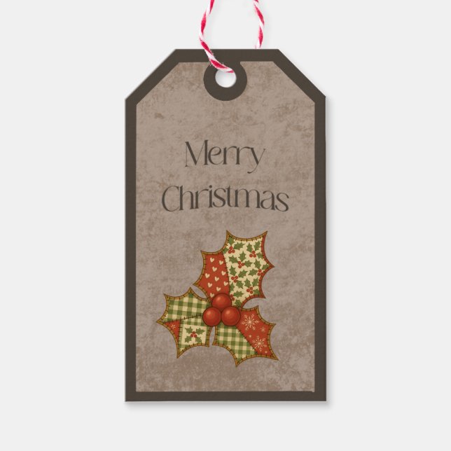 Patchwork Holly in Christmas Colours Gift Tag (Front)