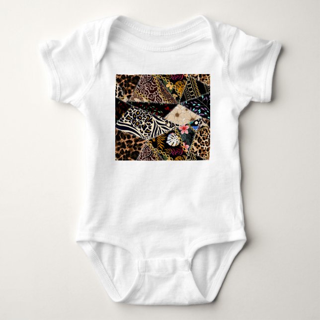 Patchwork Leopard: Ethnic Lining Design. Baby Bodysuit (Front)