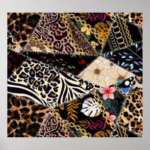 Patchwork Leopard: Ethnic Lining Design. Poster