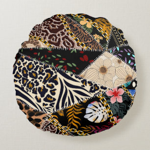 Patchwork Leopard: Ethnic Lining Design. Round Cushion