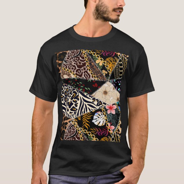 Patchwork Leopard: Ethnic Lining Design. T-Shirt (Front)