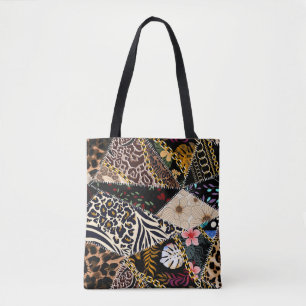 Patchwork Leopard: Ethnic Lining Design. Tote Bag