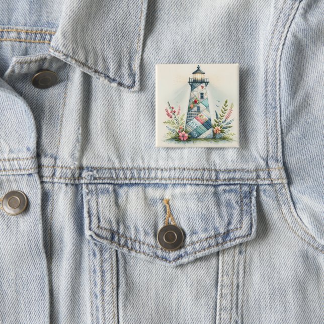 Patchwork Lighthouse Coastal Floral Scene 15 Cm Square Badge (In Situ)