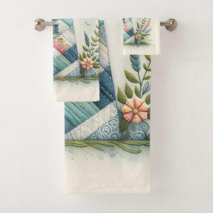 Patchwork Lighthouse Coastal Floral Scene Bath Towel Set