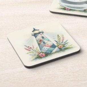 Patchwork Lighthouse Coastal Floral Scene Coaster
