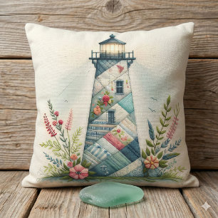 Patchwork Lighthouse Coastal Floral Scene Cushion