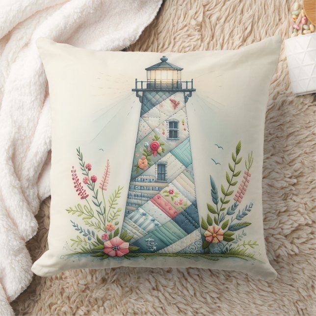 Patchwork Lighthouse Coastal Floral Scene Cushion (Blanket)
