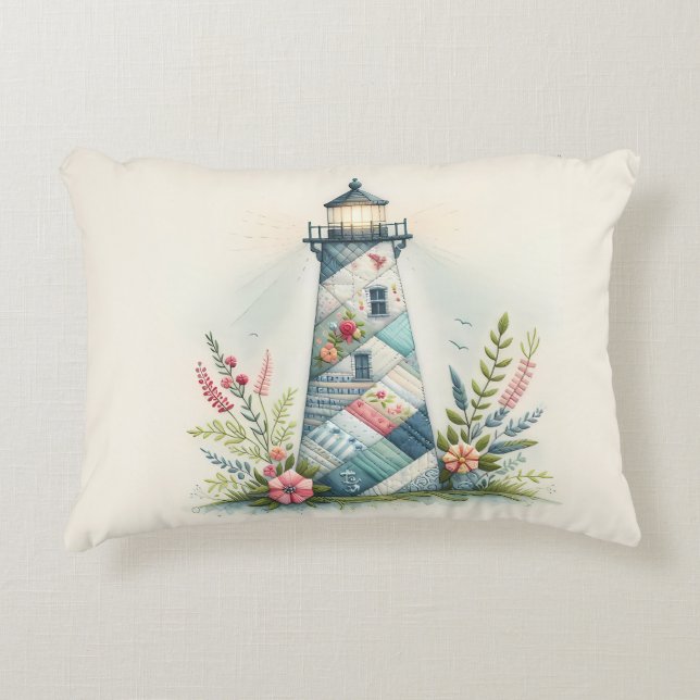 Patchwork Lighthouse Coastal Floral Scene Decorative Cushion (Front)