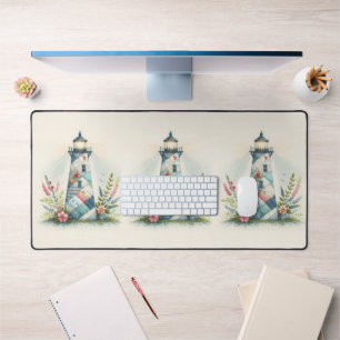 Patchwork Lighthouse Coastal Floral Scene Desk Mat