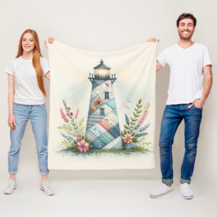 Patchwork Lighthouse Coastal Floral Scene Fleece Blanket