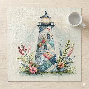 Patchwork Lighthouse Coastal Floral Scene Jigsaw Puzzle