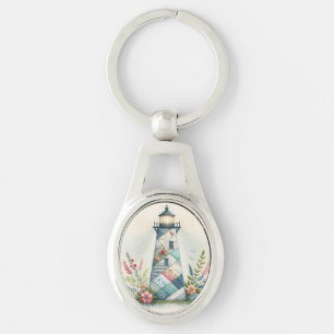 Patchwork Lighthouse Coastal Floral Scene Key Ring