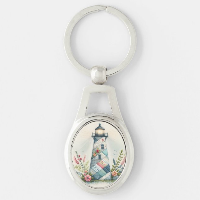 Patchwork Lighthouse Coastal Floral Scene Key Ring (Front)