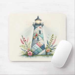 Patchwork Lighthouse Coastal Floral Scene Mouse Pad