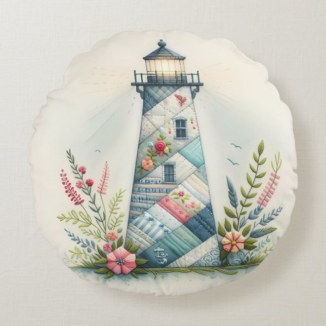 Patchwork Lighthouse Coastal Floral Scene Round Cushion (Front)