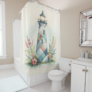 Patchwork Lighthouse Coastal Floral Scene Shower Curtain
