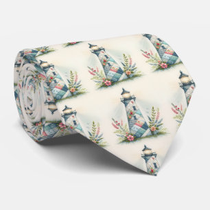 Patchwork Lighthouse Coastal Floral Scene Tie