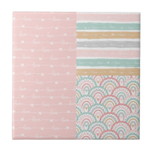 Patchwork Love Hearts Rainbow Pastel Ceramic Tile