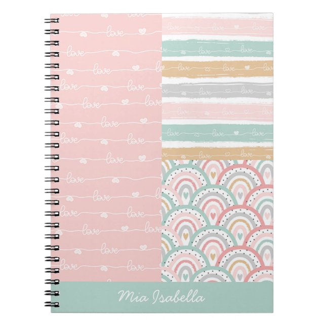 Patchwork Love Hearts Rainbow Pastel Notebook (Front)