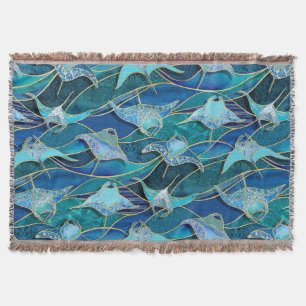 Patchwork Manta Rays in Sapphire Turquoise Blue Throw Blanket