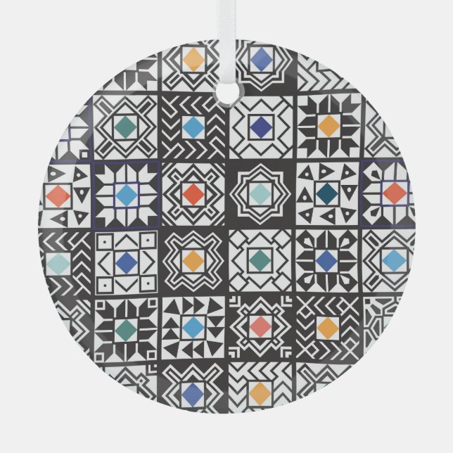 Patchwork Maori: Ethnic Carpet Design. Glass Tree Decoration (Front)