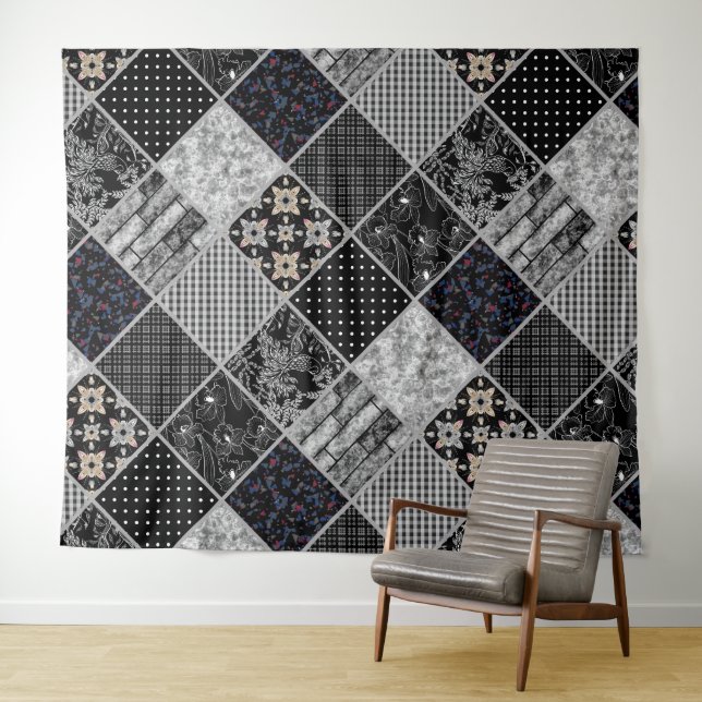 Patchwork monochrom black grey white patchwork qui tapestry (In Situ (Horizontal))