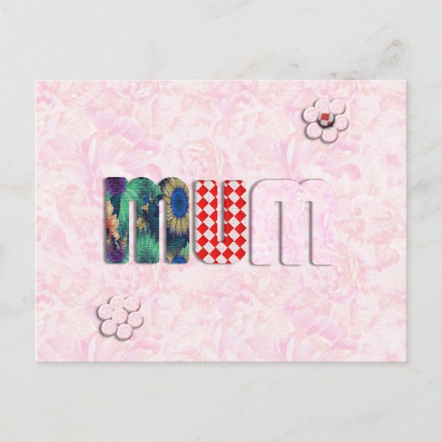Patchwork 'MUM'  on Pink Rose Background Postcard (Front)