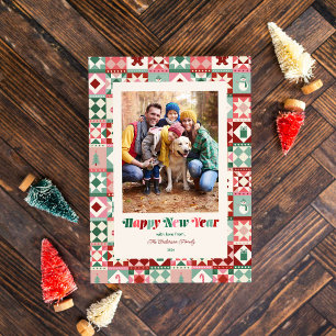 Patchwork New Year Pink Red Green Photo Holiday Card