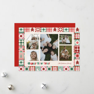 Patchwork New Year Pink Red Green Photo Holiday Card